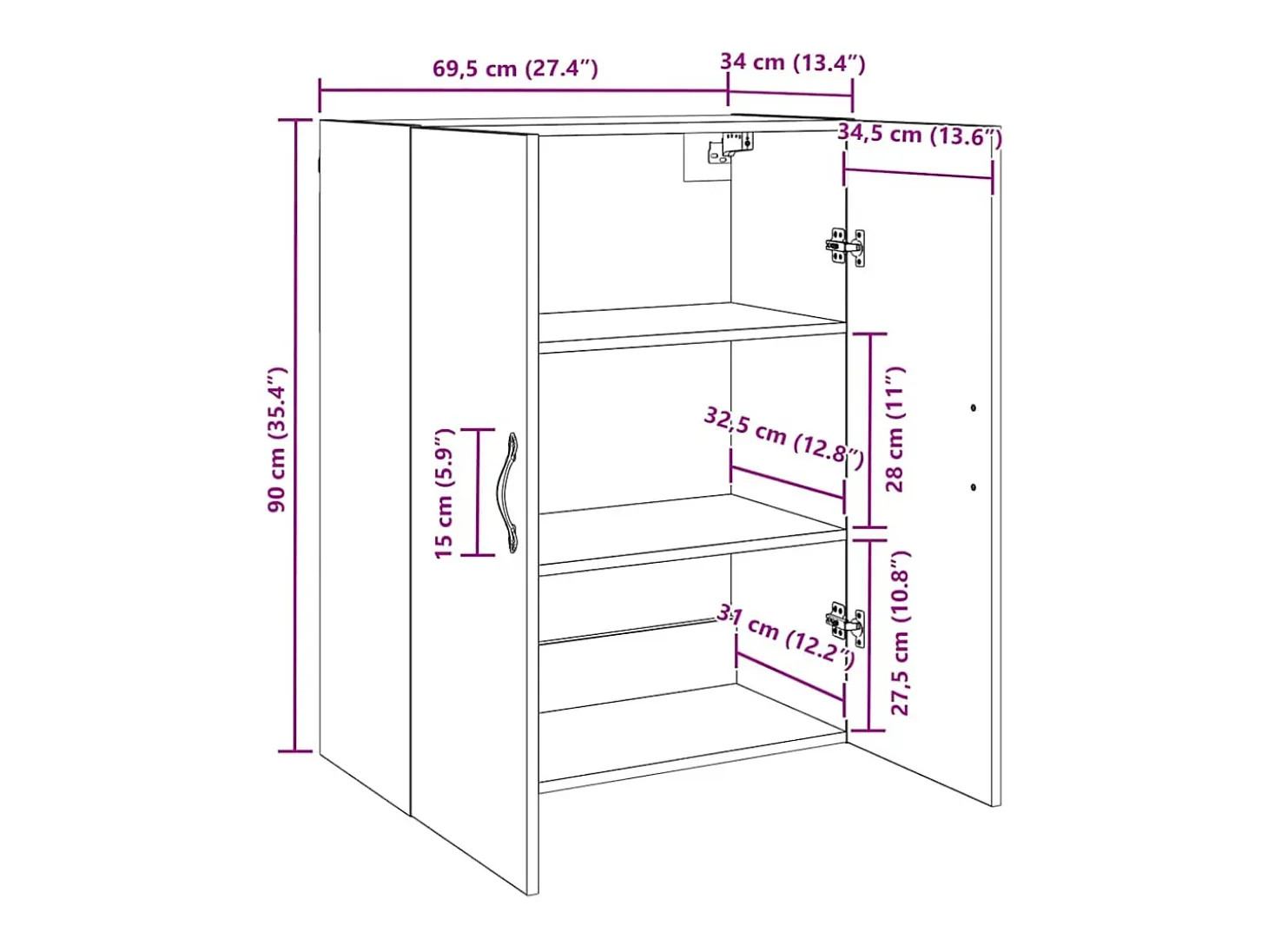 Mueble de pared de roble hecho a mano 69,5 x 34 x 90 cm