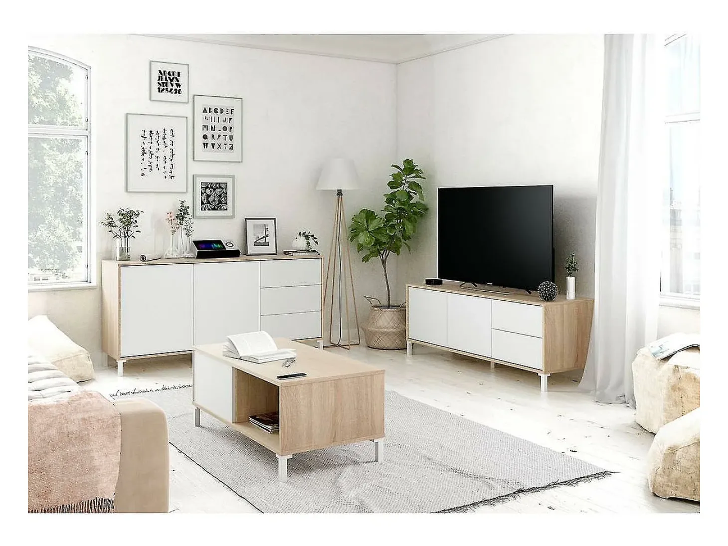 Mueble de TV con 2 Puertas y 2 Cajones de Estilo Moderno con Acabado en Color Blanco Artik y Roble - Dim: 47 x 130 x 41 cm