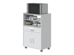 Mueble para Microondas con Ruedas de Madera melamina Blanco Efecto Cemento - Longitud 59 x Profundidad 40 x Altura 92 cm
