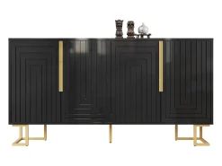 Mueble TV geométrico, diseño moderno, MDF, negro y dorado, con 2 puertas y 4 compartimentos (152x40x75 cm)