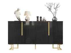 Mueble TV geométrico, diseño moderno, MDF, negro y dorado, con 2 puertas y 4 compartimentos (152x40x75 cm)