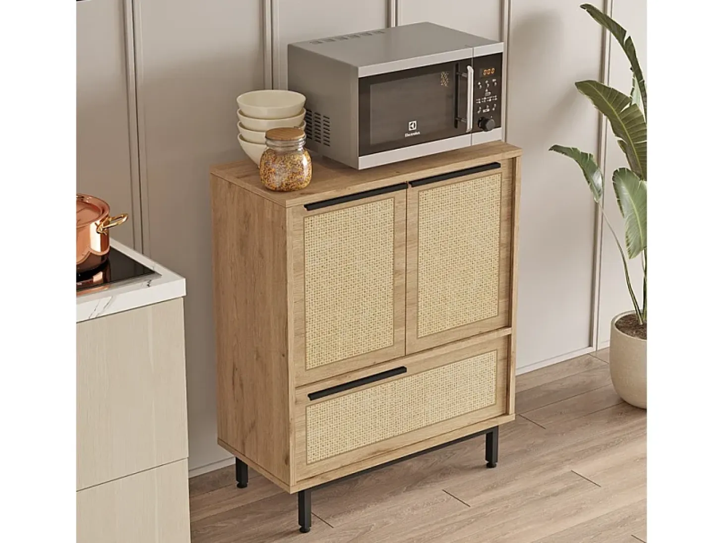 Mueble versátil aparador para cocina o zapatero con 3 puertas de madera de 75x36x90 cm Thaon - Beige Juta