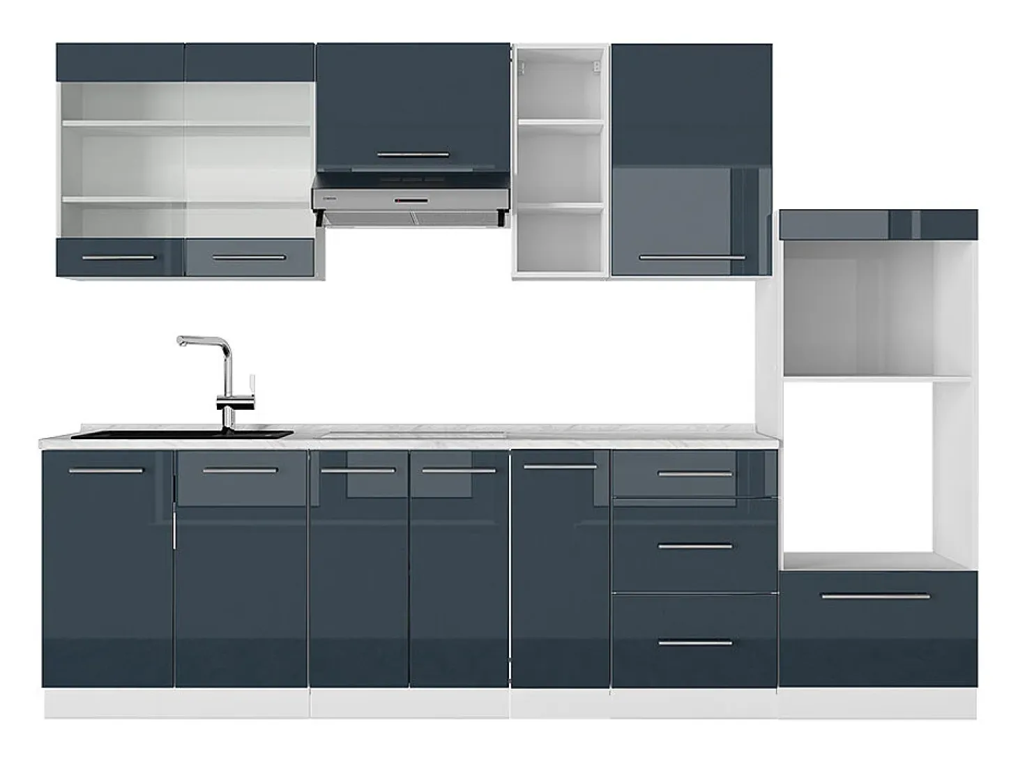 Muebles de cocina azul oscuro alto brillo/blanco 280x46x81.6 fame-line