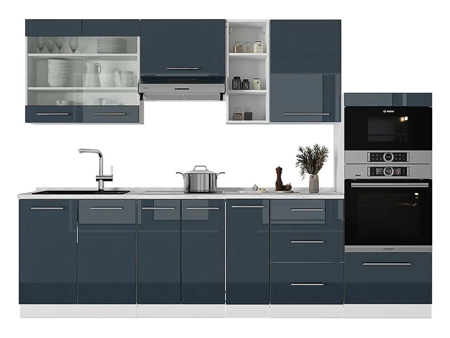 Muebles de cocina azul oscuro alto brillo/blanco 280x46x81.6 fame-line