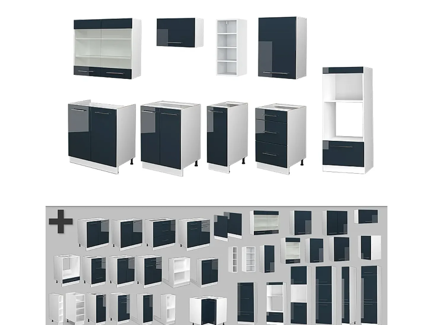 Muebles de cocina azul oscuro alto brillo/blanco 280x46x81.6 fame-line