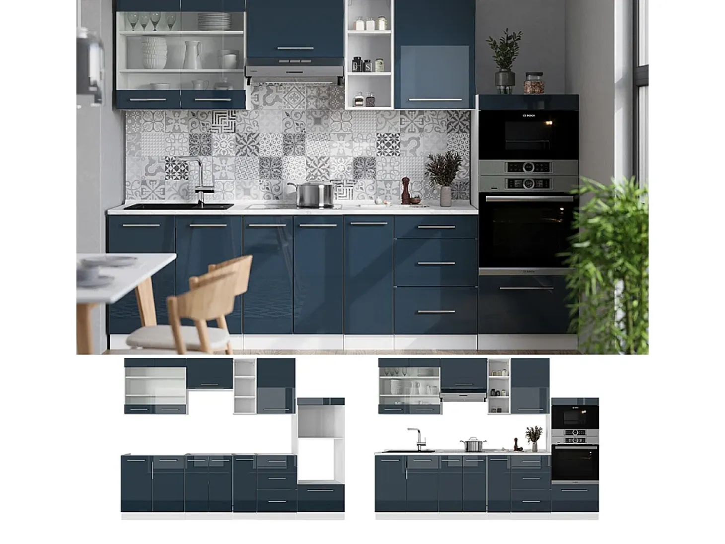 Muebles de cocina azul oscuro alto brillo/blanco 280x46x81.6 fame-line