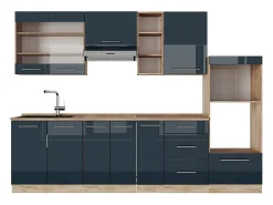 Muebles de cocina azul oscuro alto brillo/roble dorado 280x46x81.6 fame-line