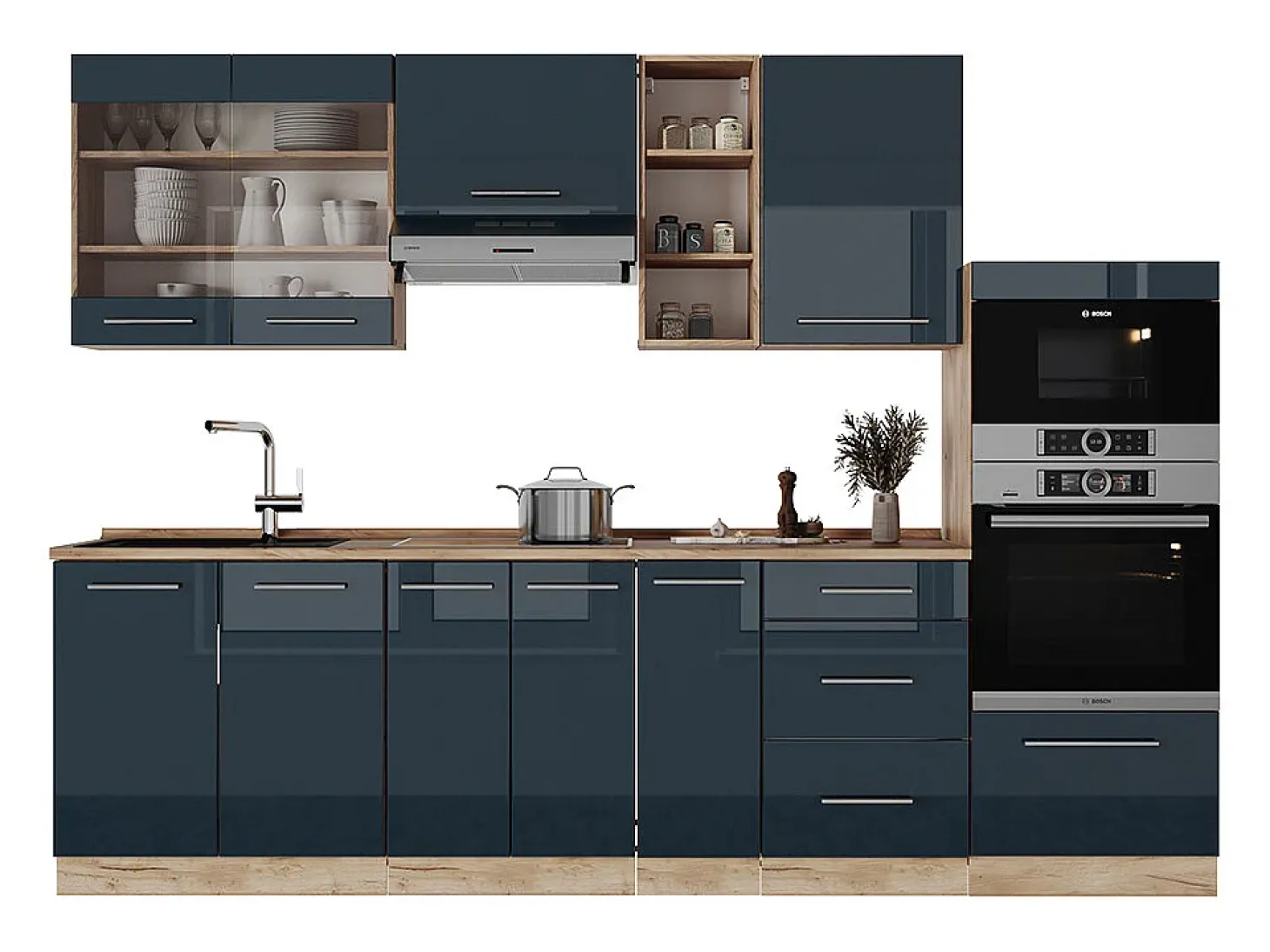 Muebles de cocina azul oscuro alto brillo/roble dorado 280x46x81.6 fame-line