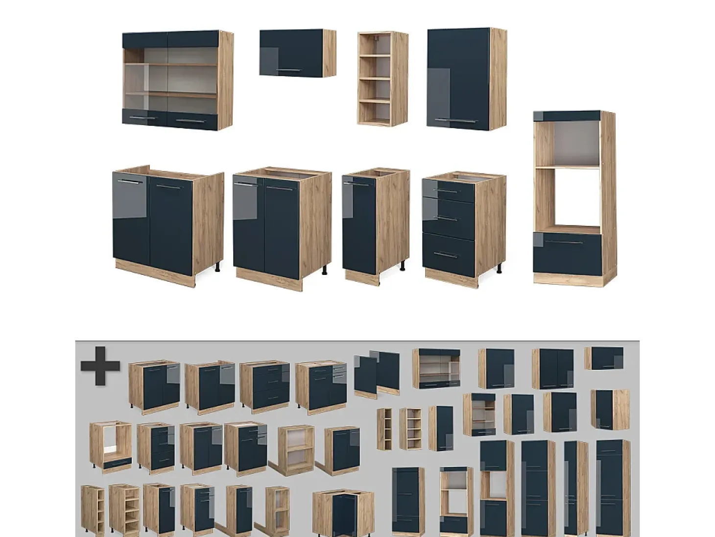 Muebles de cocina azul oscuro alto brillo/roble dorado 280x46x81.6 fame-line