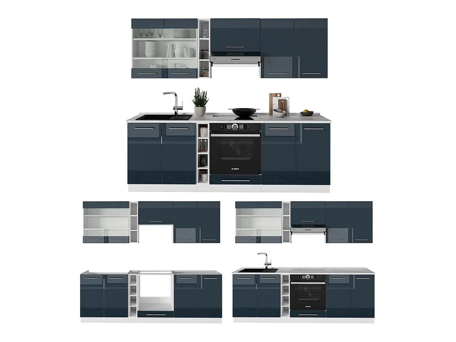 Muebles de cocina azul oscuro alto brillo/blanco 235x60x81.6 fame-line