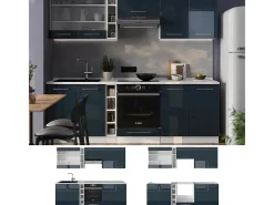 Muebles de cocina azul oscuro alto brillo/blanco 235x60x81.6 fame-line