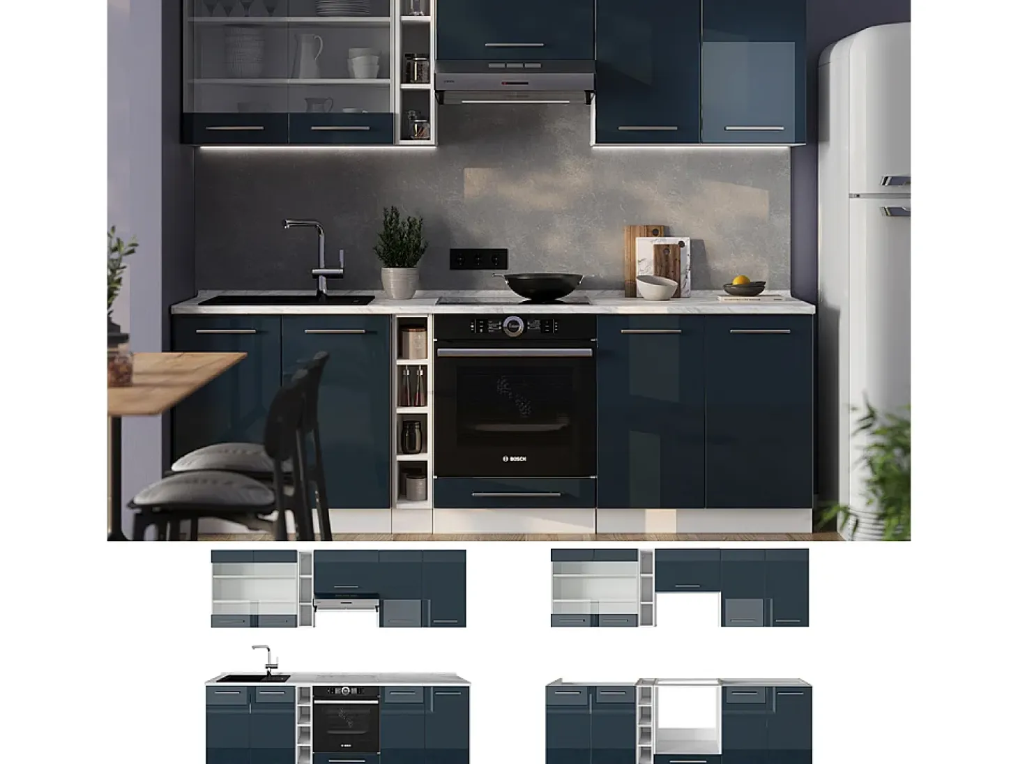 Muebles de cocina azul oscuro alto brillo/blanco 235x60x81.6 fame-line
