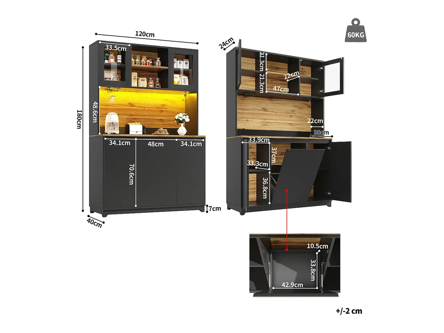 Muebles de cocina 120x40x180cm - con iluminación LED - con 4 puertas y 1 compartimento para basura - negro