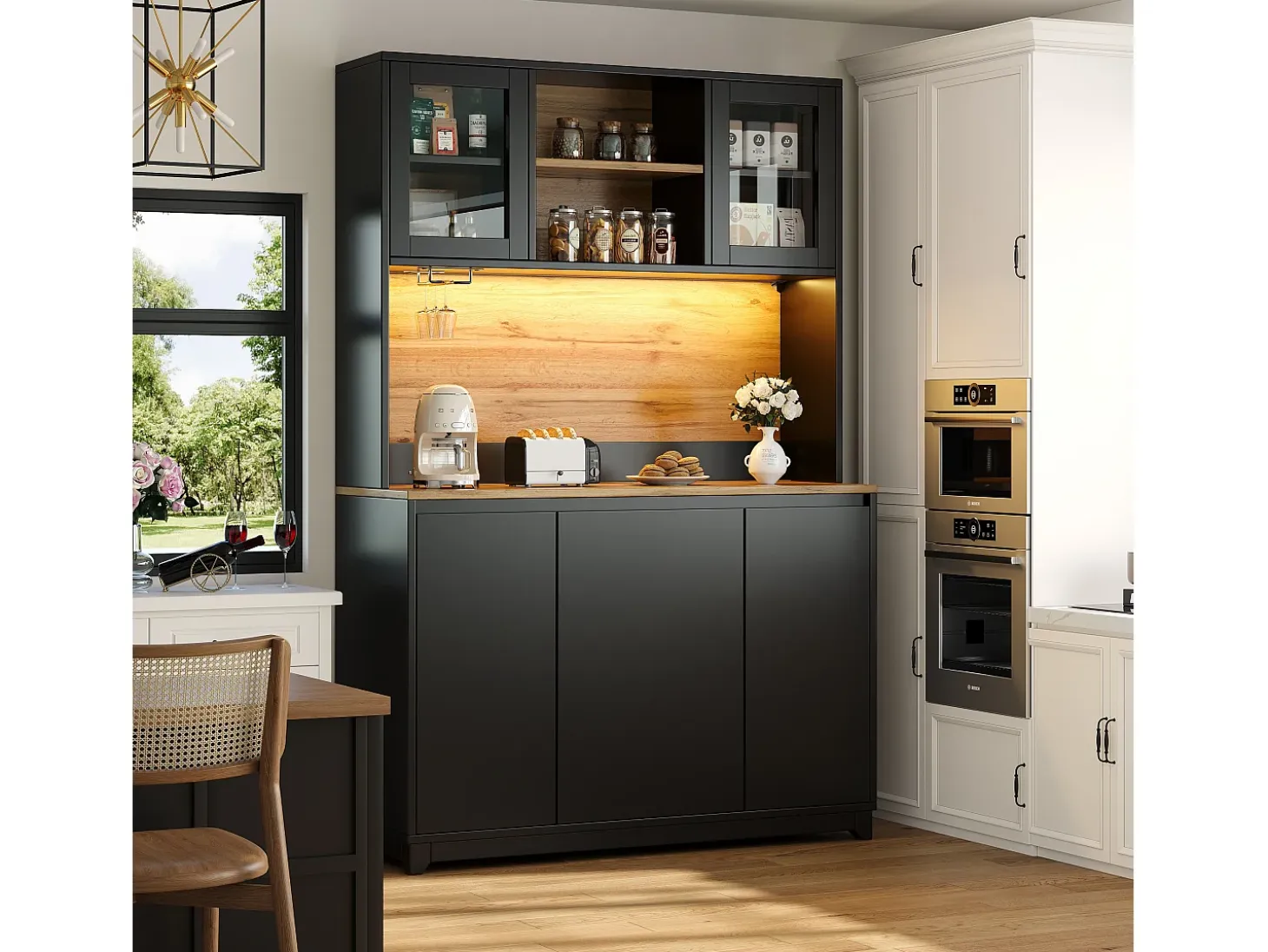 Muebles de cocina 120x40x180cm - con iluminación LED - con 4 puertas y 1 compartimento para basura - negro