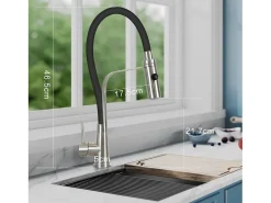 NETTLIFE Grifo de cocina con manguera flexible Grandes extensibles con ducha de mano, 46,5 cm, negro, mezclador de alta presión giratorio 360
