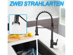NETTLIFE Grifo de cocina con ducha extraíble Mezclador de cocina Grifo giratorio Mezclador de fregadero de alta presión con 2 tipos de chorros, Negro