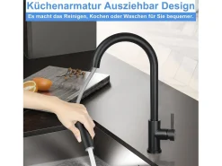 NETTLIFE Grifo de cocina con ducha de mano extensible, alta presión, acero inoxidable de doble chorro y giratorio 360 °, Negro