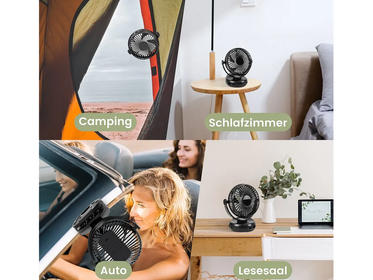 NETTLIFE Ventilador de mesa USB pequeño con batería de 10.000 mAh, silencioso, 4 velocidades, luz LED incluida, modelo 3 en 1, negro, ideal para tienda de campaña