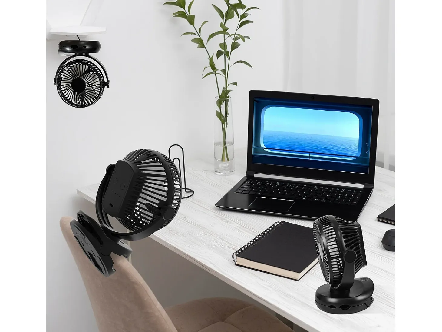 NETTLIFE Ventilador de mesa USB pequeño con batería de 10.000 mAh, silencioso, 4 velocidades, luz LED incluida, modelo 3 en 1, negro, ideal para tienda de campaña