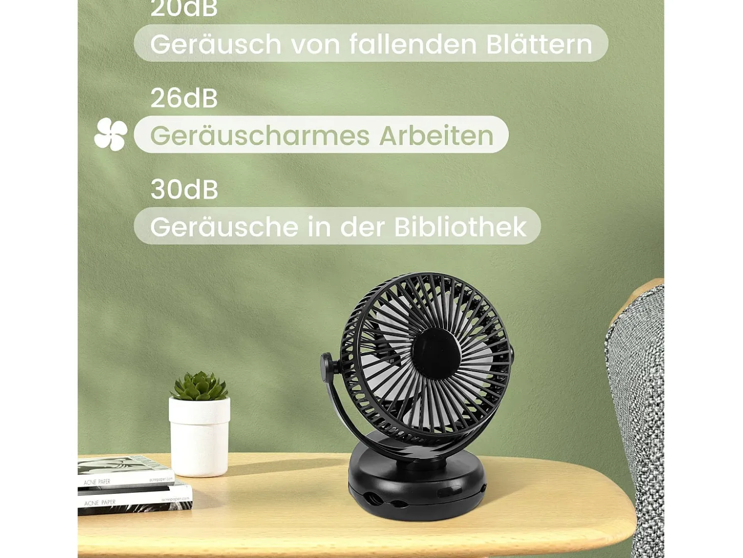 NETTLIFE Ventilador de mesa USB pequeño con batería de 10.000 mAh, silencioso, 4 velocidades, luz LED incluida, modelo 3 en 1, negro, ideal para tienda de campaña