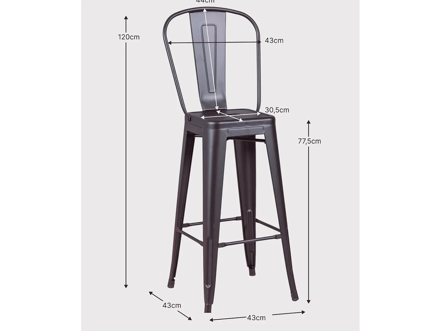 Pack de 4 taburetes metálicos con respaldo alto - Bistro - Negro