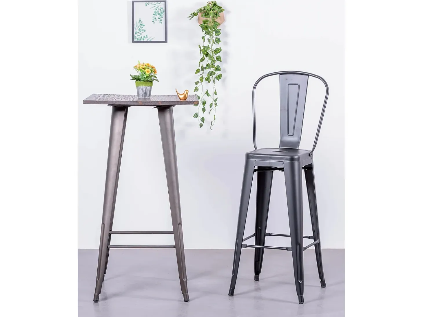 Pack de 4 taburetes metálicos con respaldo alto - Bistro - Negro