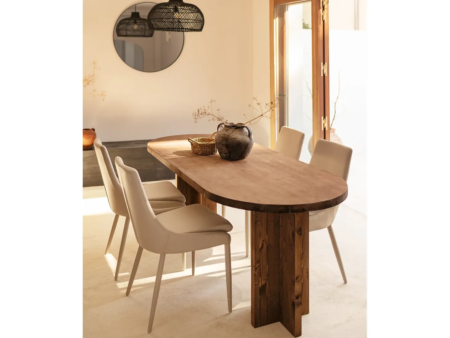 Pack de mesa de comedor de 180x80cm y banco de 140x45cm de madera maciza de abeto Decowood en tono nogal - TOKYO - DECOWOOD