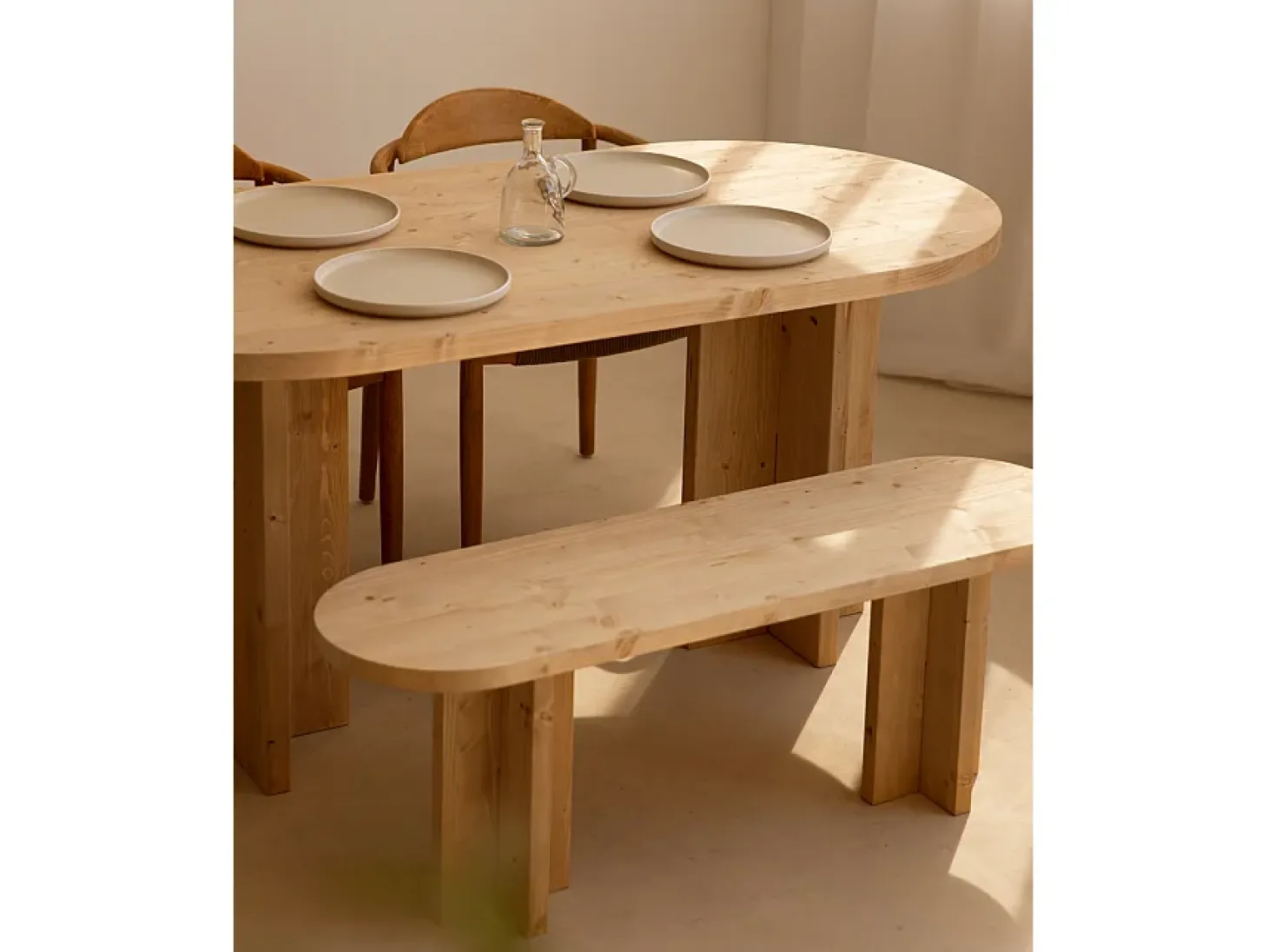 Pack de mesa de comedor de 160x78cm y banco de 120x45cm de madera maciza de abeto Decowood en tono roble medio - TOKYO - DECOWOOD