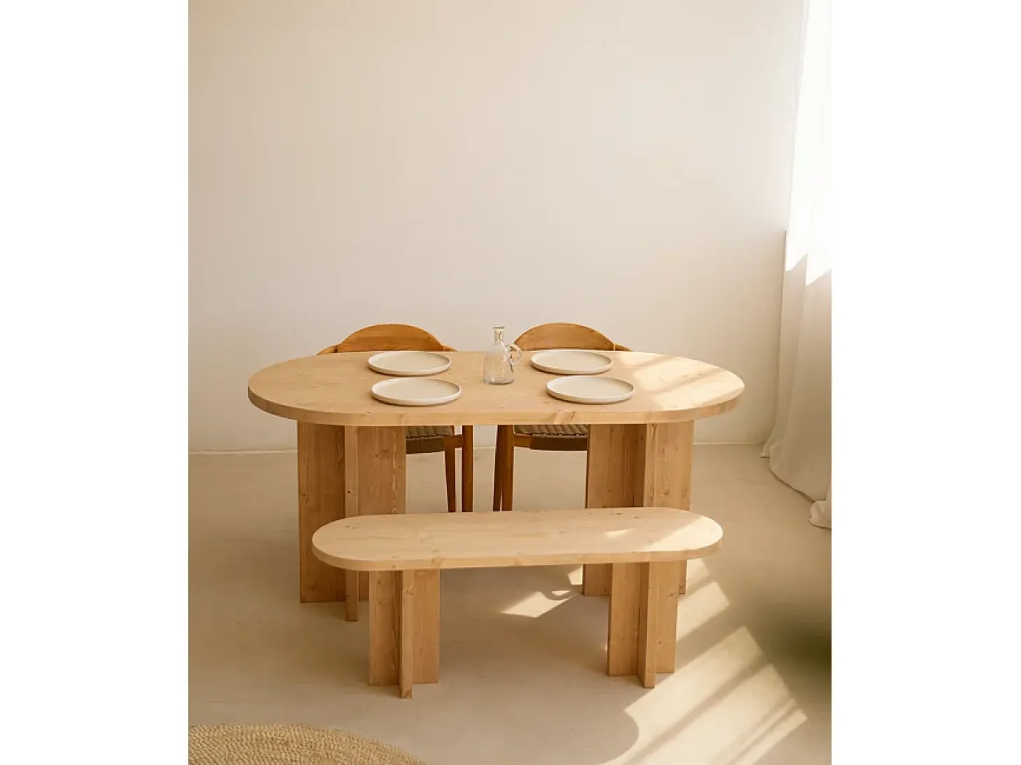 Pack de mesa de comedor de 160x78cm y banco de 120x45cm de madera maciza de abeto Decowood en tono roble medio - TOKYO - DECOWOOD