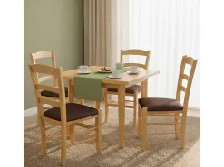 Paesana eetkamerstoelen van natuurlijk hout met bruine, gewatteerde zitting.