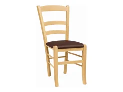 Paesana eetkamerstoelen van natuurlijk hout met bruine, gewatteerde zitting.