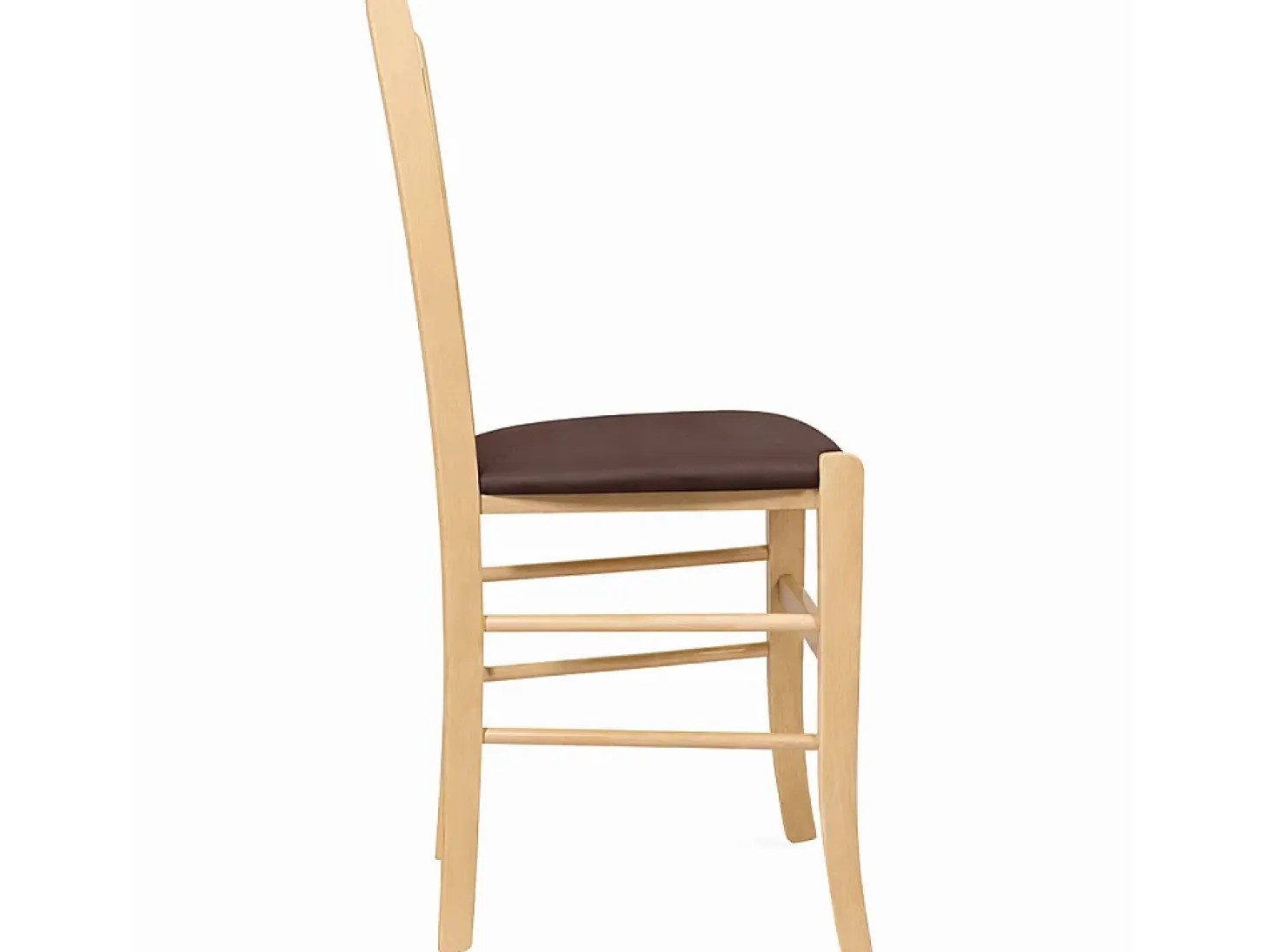 Paesana eetkamerstoelen van natuurlijk hout met bruine, gewatteerde zitting.