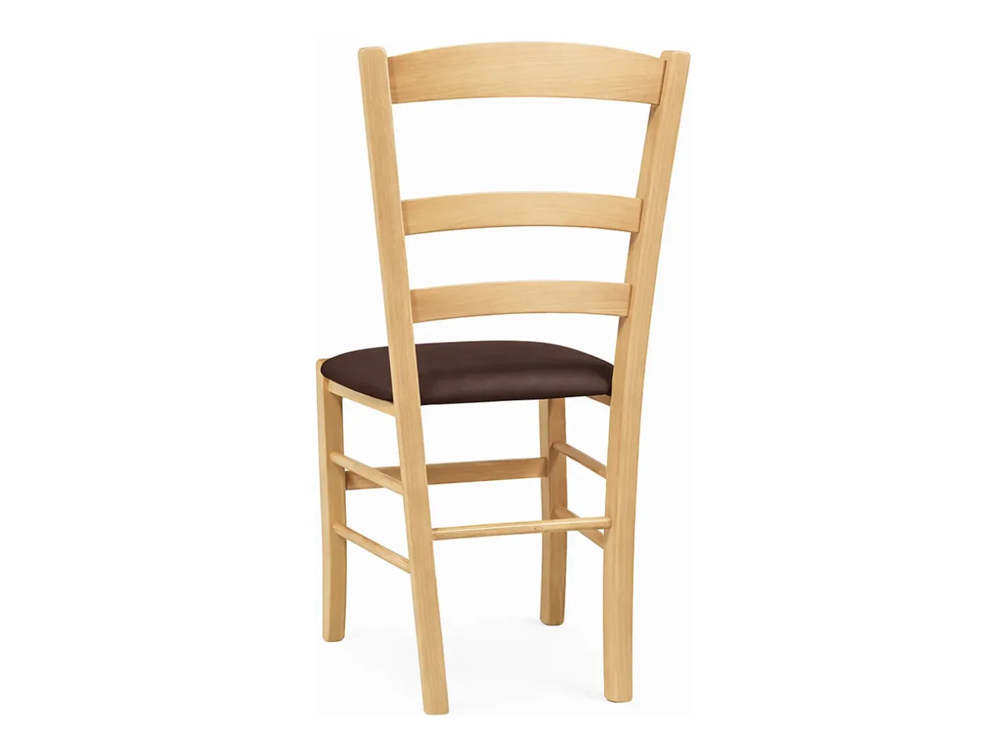 Paesana eetkamerstoelen van natuurlijk hout met bruine, gewatteerde zitting.
