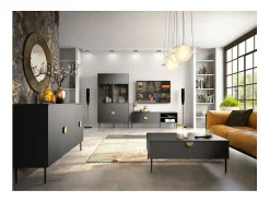 Pequeño bufé de 2 puertas y 2 cajones - negro con tiradores dorados - Colección MONDO