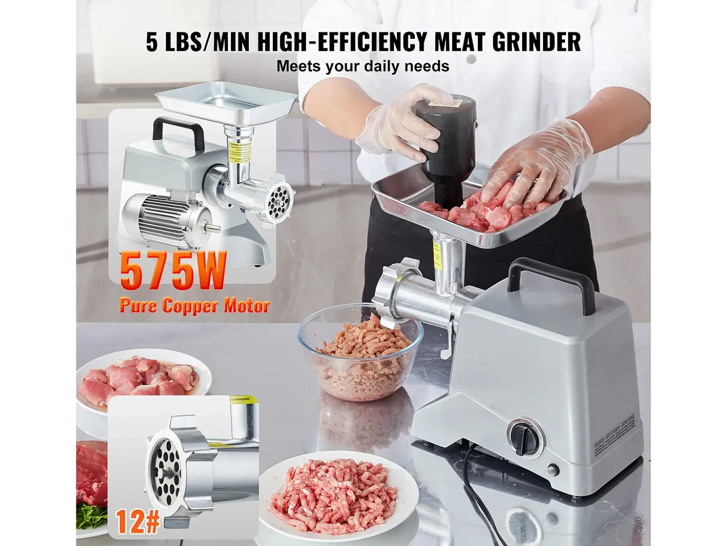 Picadora de Carne Eléctrica Comercial SucceBuy con Capacidad de 2.3KG/min y de 575 W con Función de Relleno de Salchichas