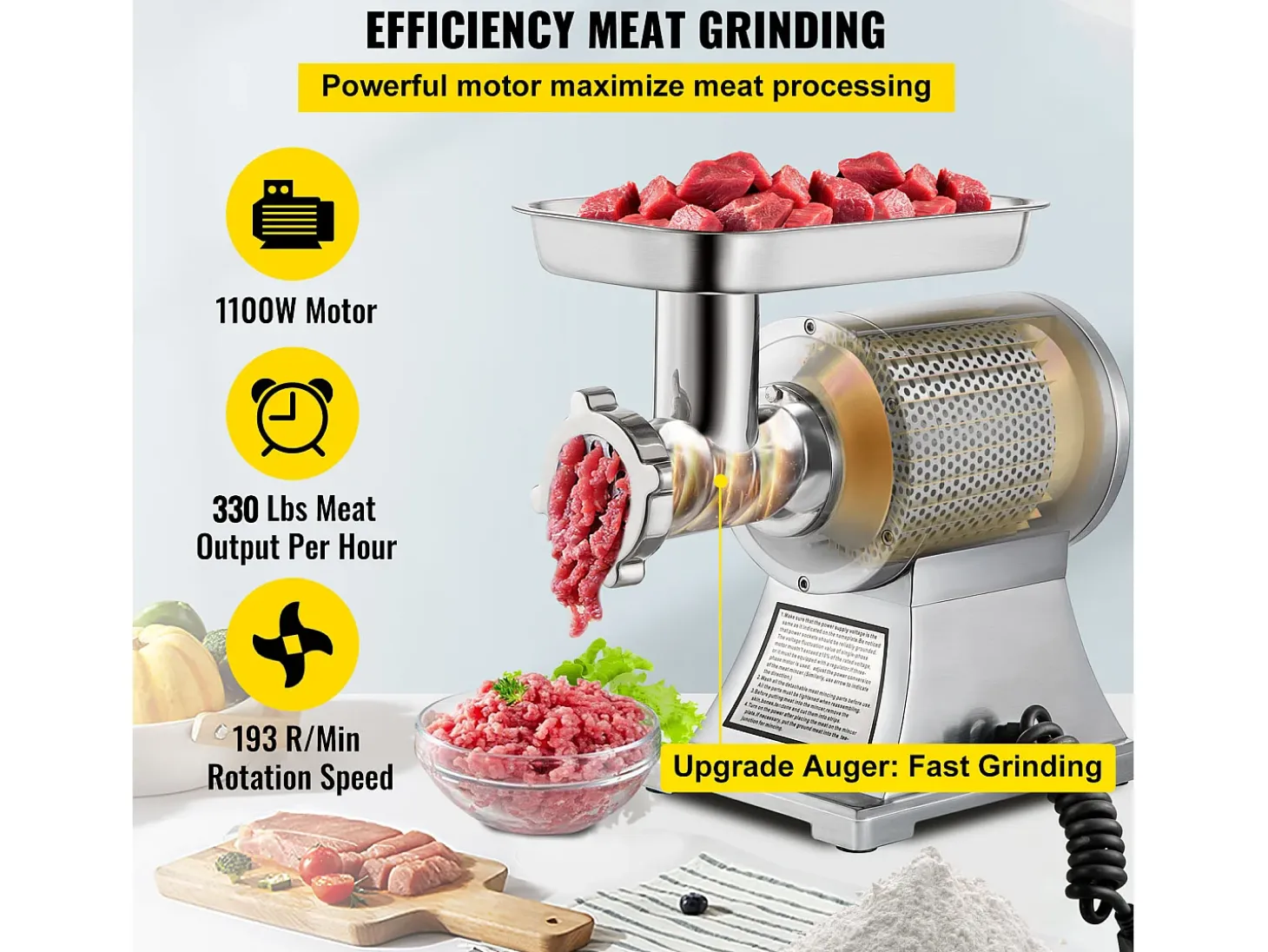 Picadora de Carne SucceBuy Comercial 1100W, Acero Inoxidable, Capacidad 204KG, Placa de Cuchilla de Corte, Rellenador de Salchichas