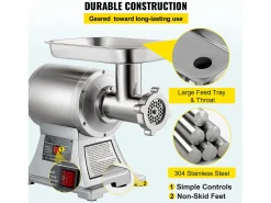 Picadora de Carne SucceBuy Comercial 1100W, Acero Inoxidable, Capacidad 204KG, Placa de Cuchilla de Corte, Rellenador de Salchichas