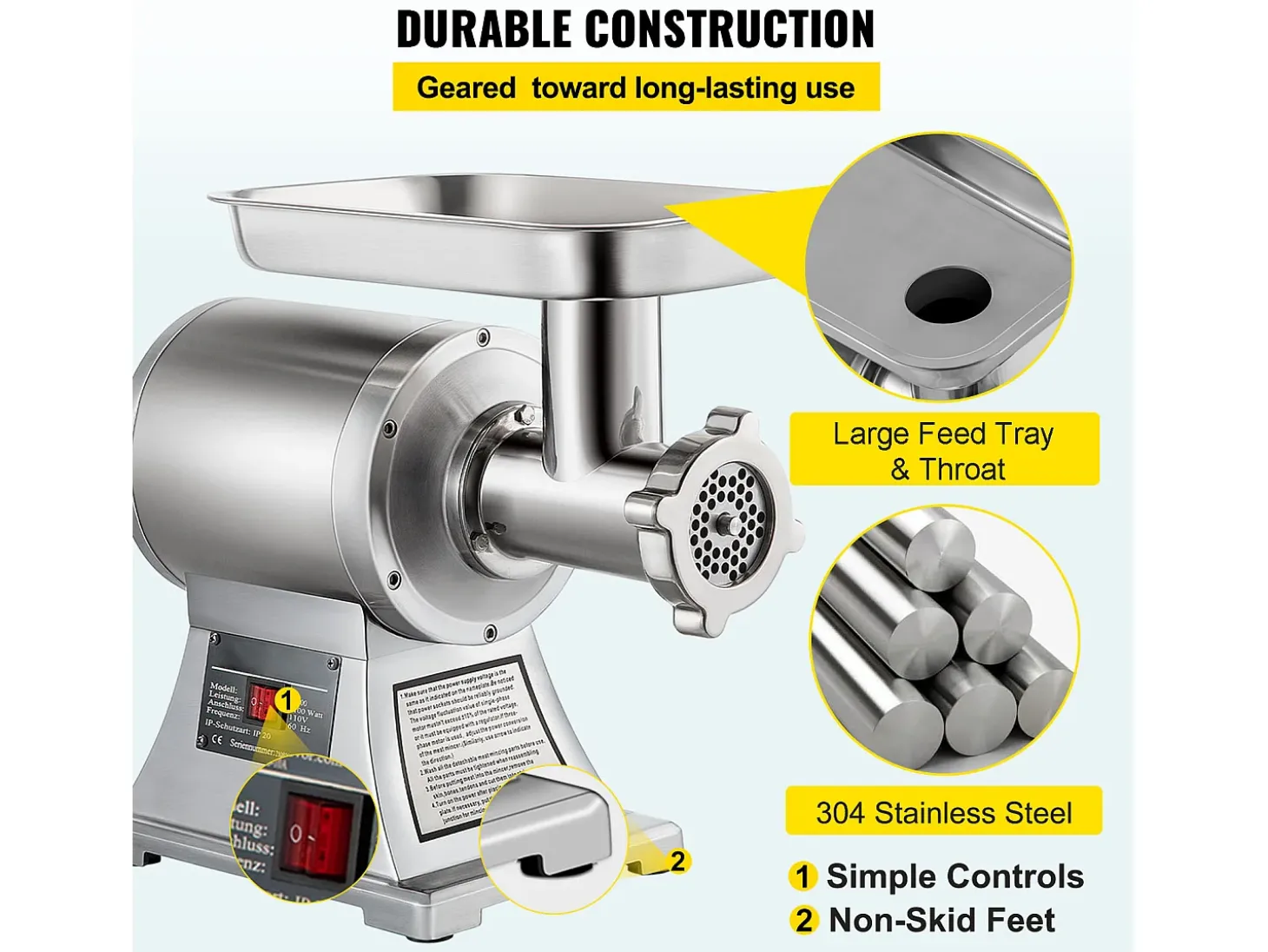Picadora de Carne SucceBuy Comercial 1100W, Acero Inoxidable, Capacidad 204KG, Placa de Cuchilla de Corte, Rellenador de Salchichas