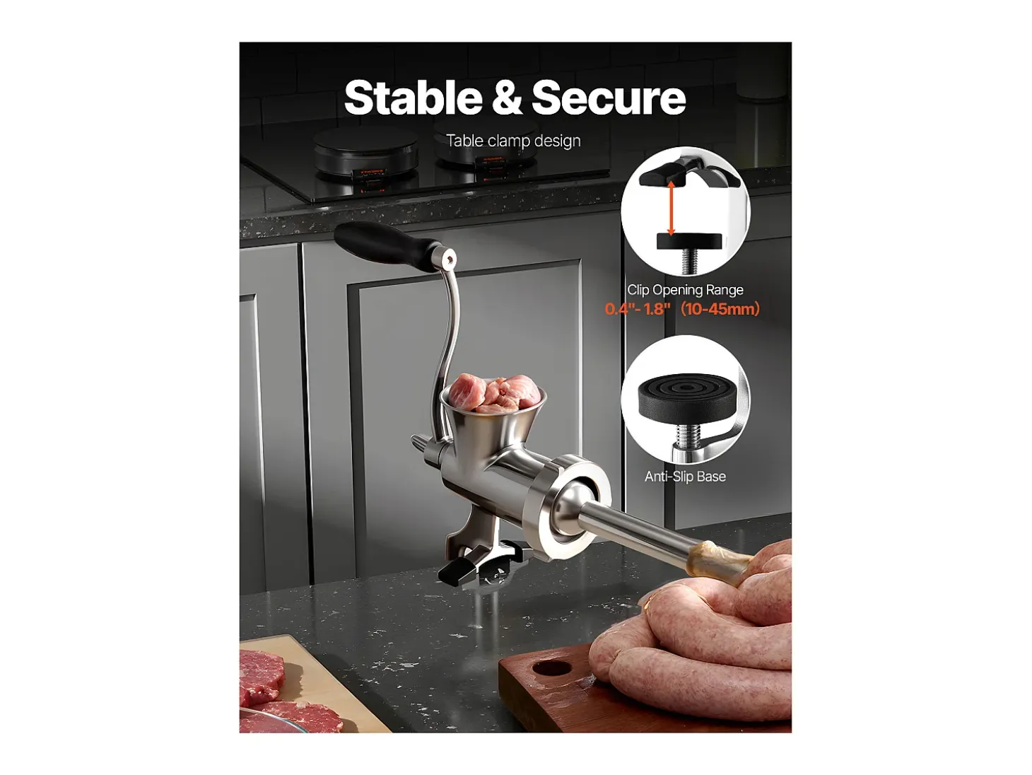 Picadora de Carne SucceBuy Manual en Acero Inoxidable 304, Picadora Manual de Manivela con Abrazadera de Mesa, Embutidora de Salchichas con 2 Placas de Molienda