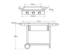 Plancha de gas MÉRIDA 3 quemadores 6kW + carrito - HAPPY GARDEN