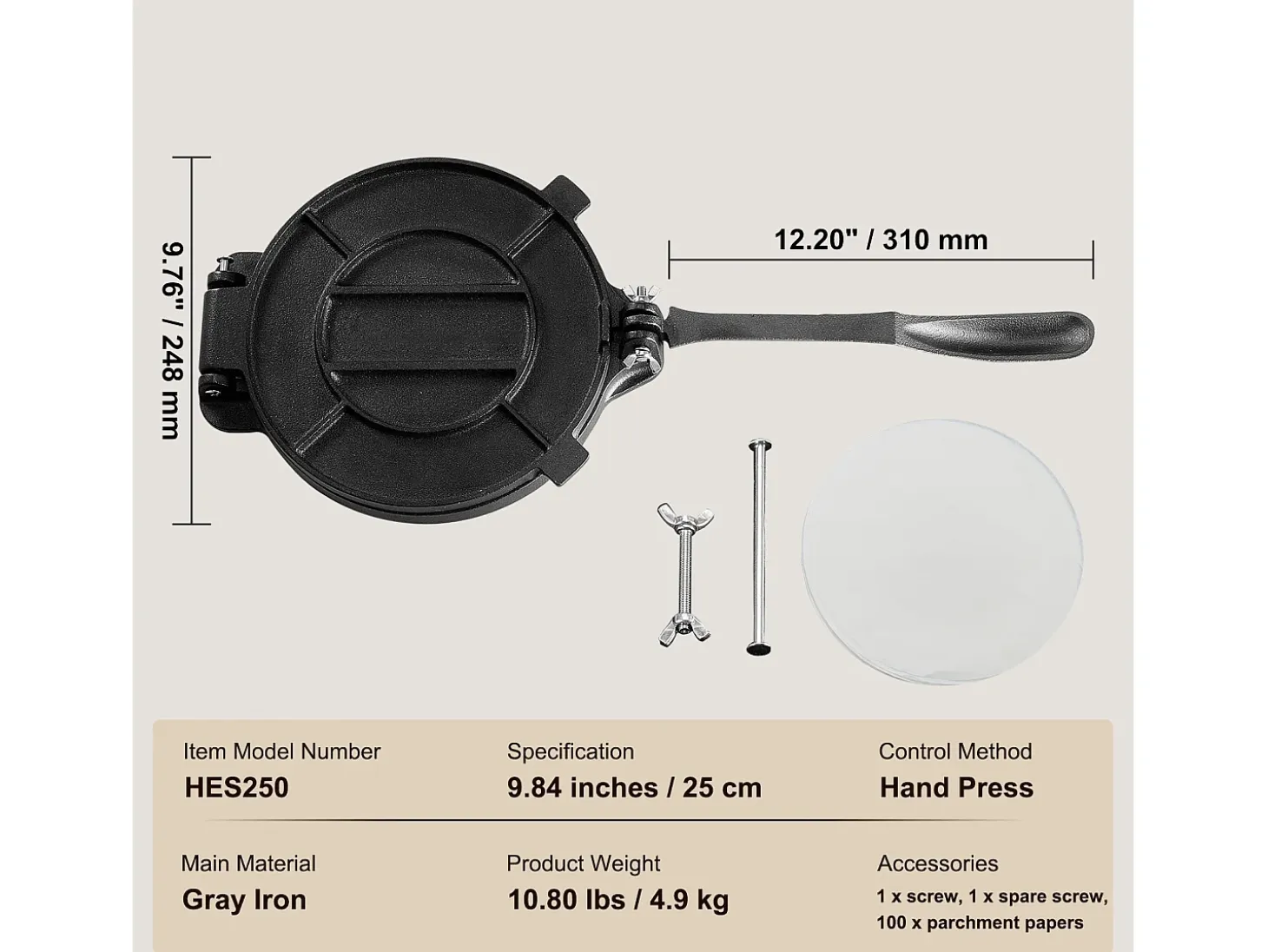 Prensa de Masa SucceBuy 20 cm, Máquina de Masa para Chapati y Roti en Fundición Robusta, para las Tortillas de Harina, Tawa, Plata