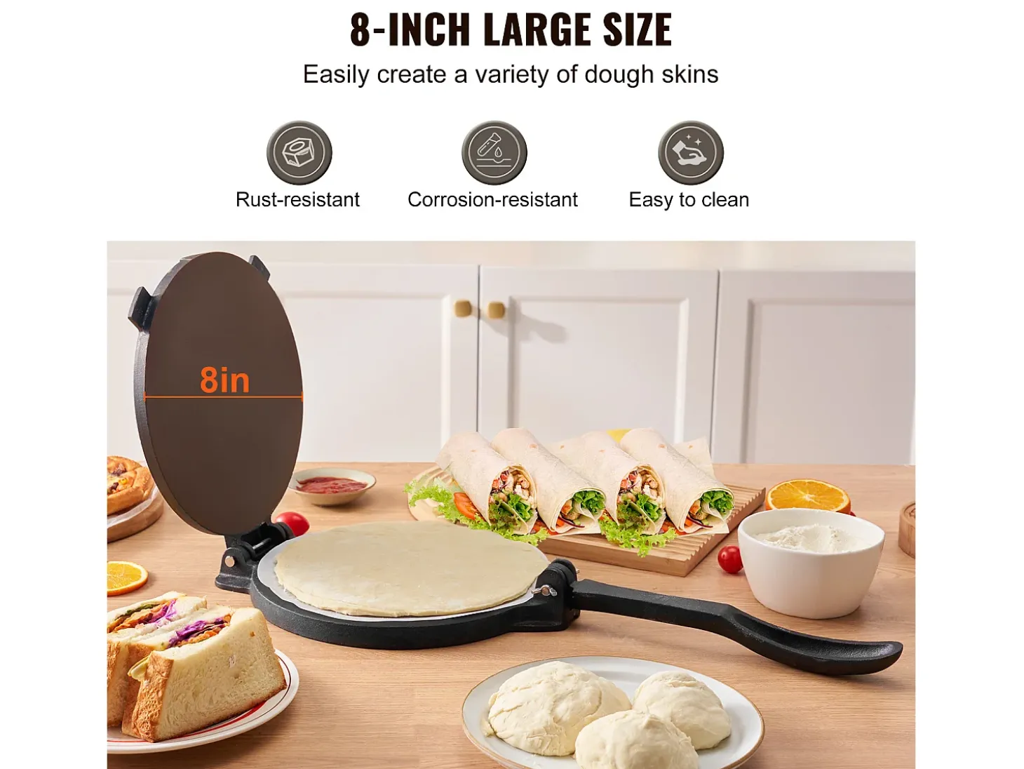 Prensa de Masa SucceBuy 20 cm, Máquina de Masa para Chapati y Roti en Fundición Robusta, para las Tortillas de Harina, Tawa, Plata