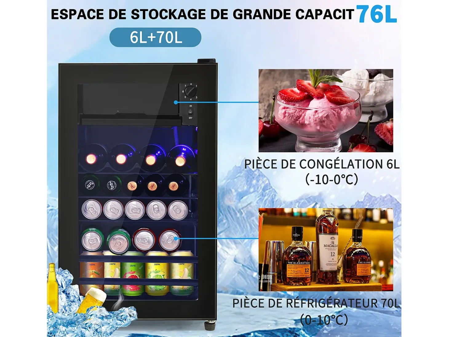 Refrigerador de 76 litros con iluminación LED - Estantes ajustables - Negro