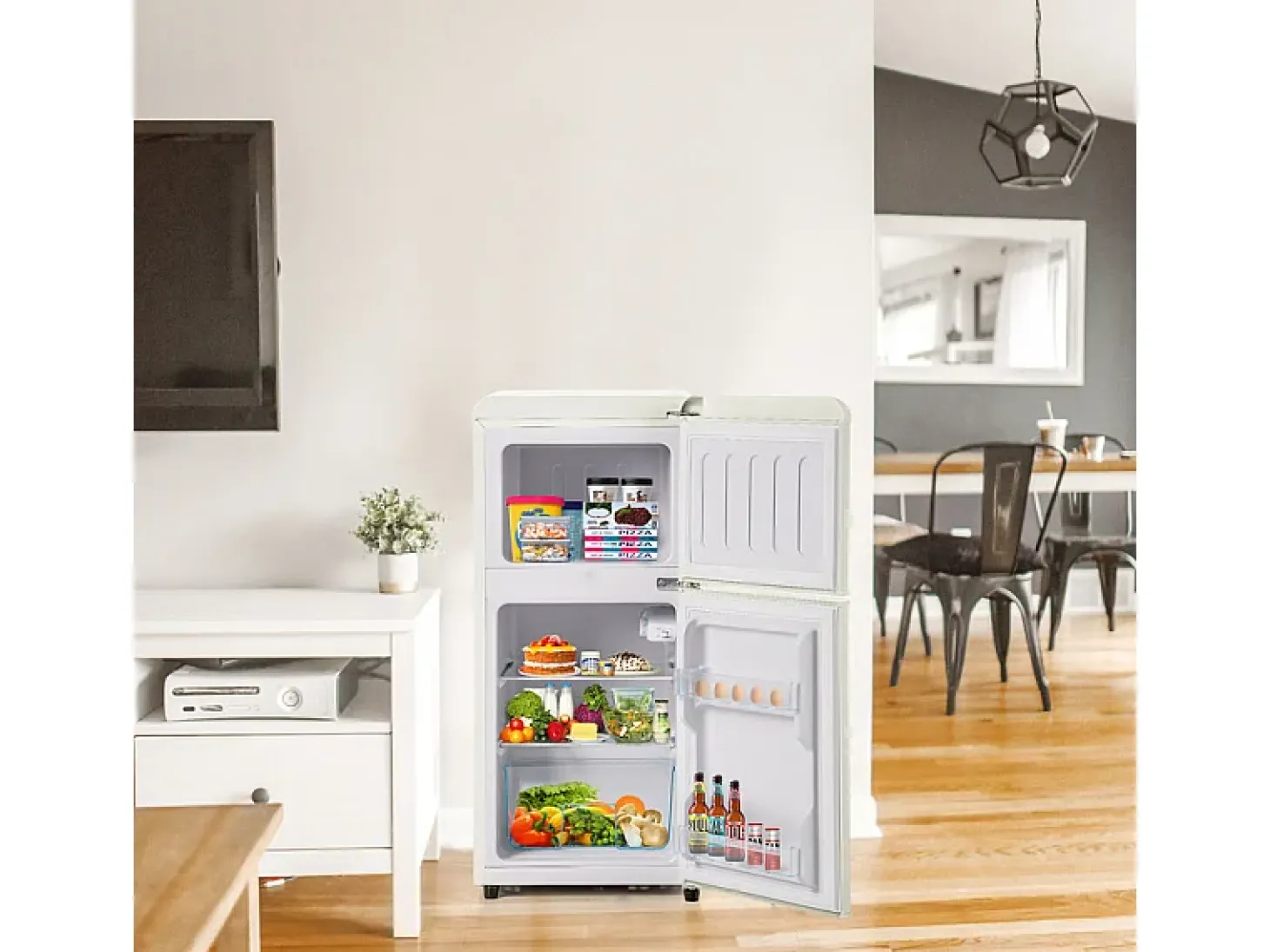 Refrigerador 22L+38L, doble puerta con LED y pies ajustables, clase E, -27°C-13°C, 102 kWh/año, Blanco, 42x45.5x88.8cm
