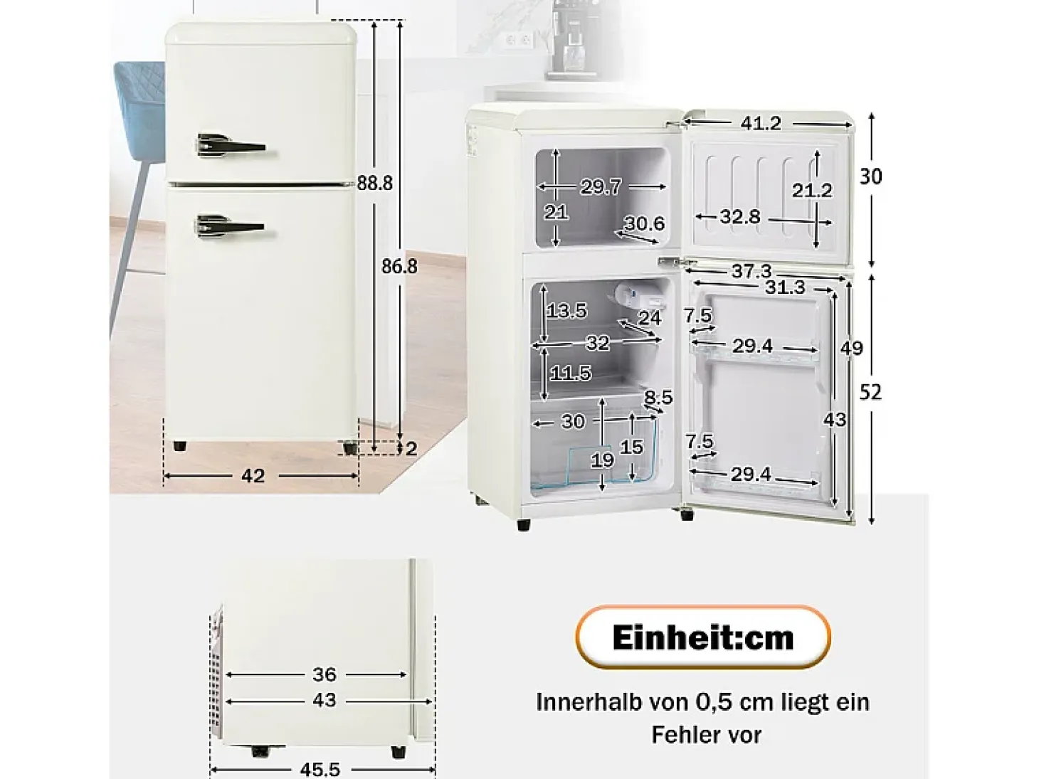 Refrigerador 22L+38L, doble puerta con LED y pies ajustables, clase E, -27°C-13°C, 102 kWh/año, Blanco, 42x45.5x88.8cm