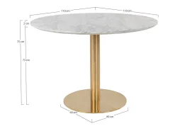 Ronde eettafel PIZA – Wit marmereffect en poten van goudkleurig messing-Diámetro 110 cm