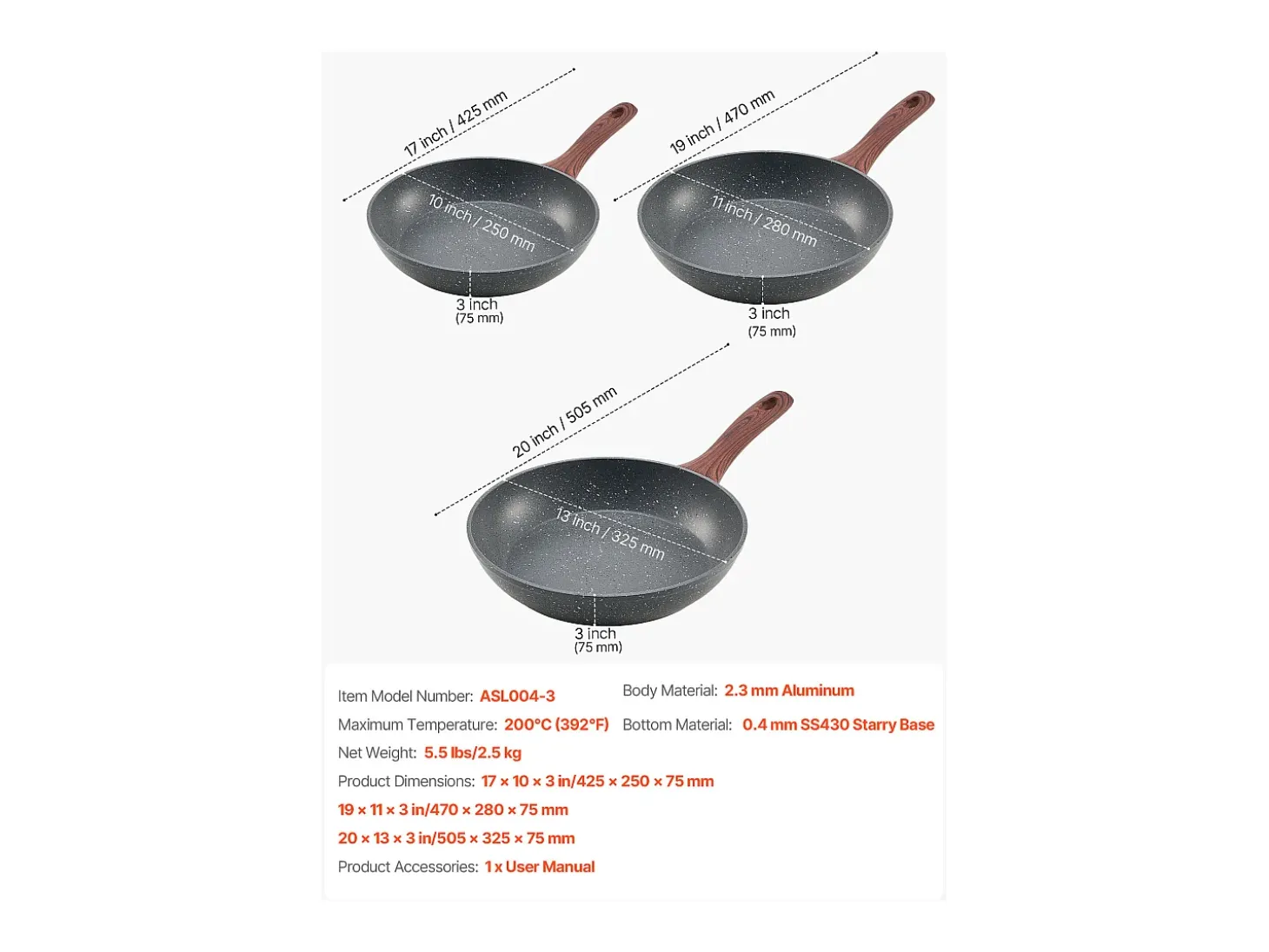 Sartén de Aluminio SucceBuy, 3 Piezas de 25/28/32,5 cm, Sartén Antiadherente Preacondicionada con Mango Resistente al Calor, para Gas, Eléctrica, Gris