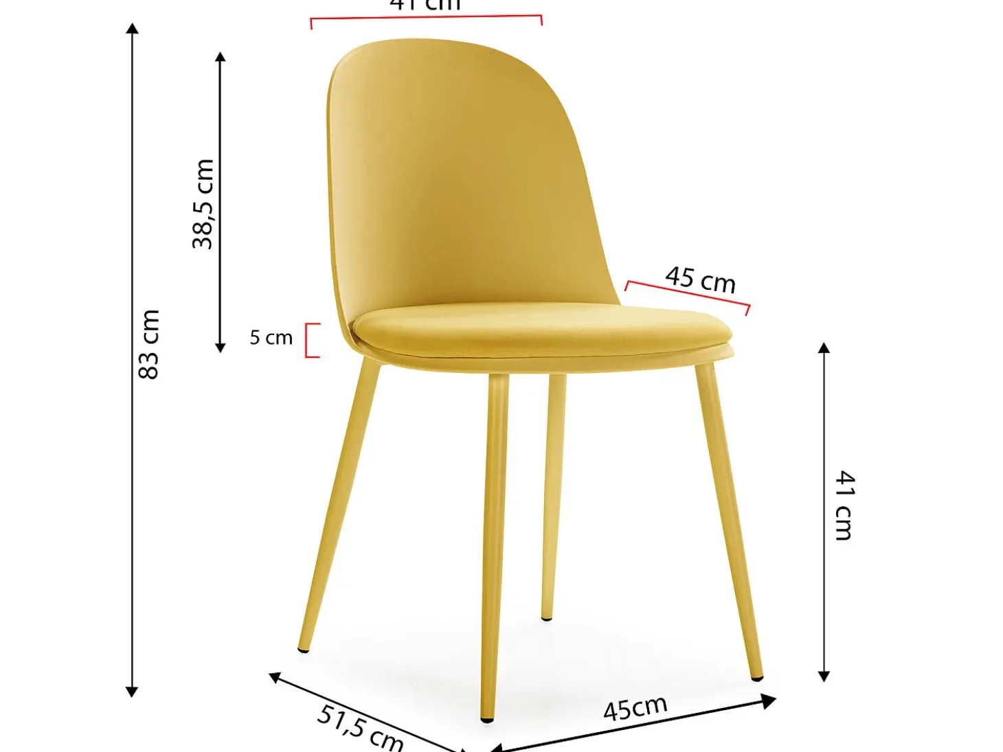 Set de 4 sillas Kana Mostaza, patas metálicas y asiento tapizado