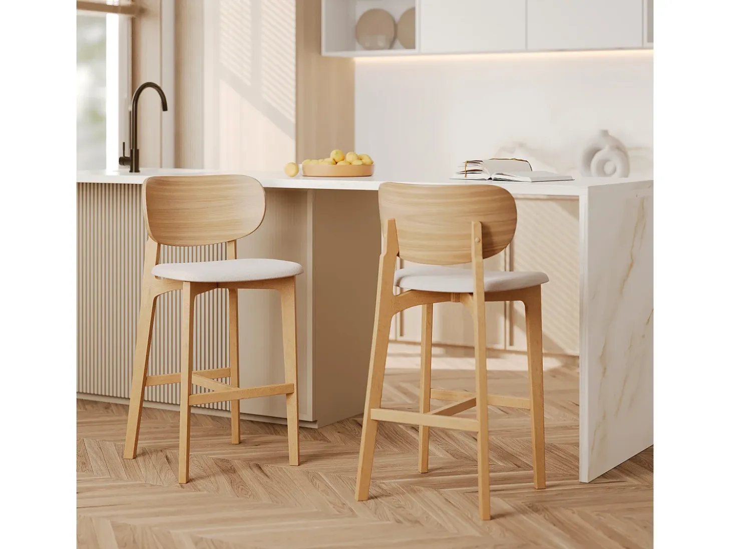 Set de 2 sillas para isla central en madera y tela beige 66 cm - Aria
