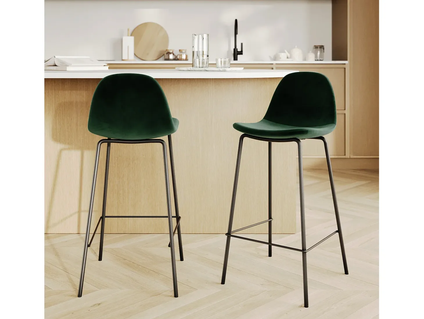 Set de 2 sillas para isla de cocina en terciopelo verde oscuro 65 cm - Henrik